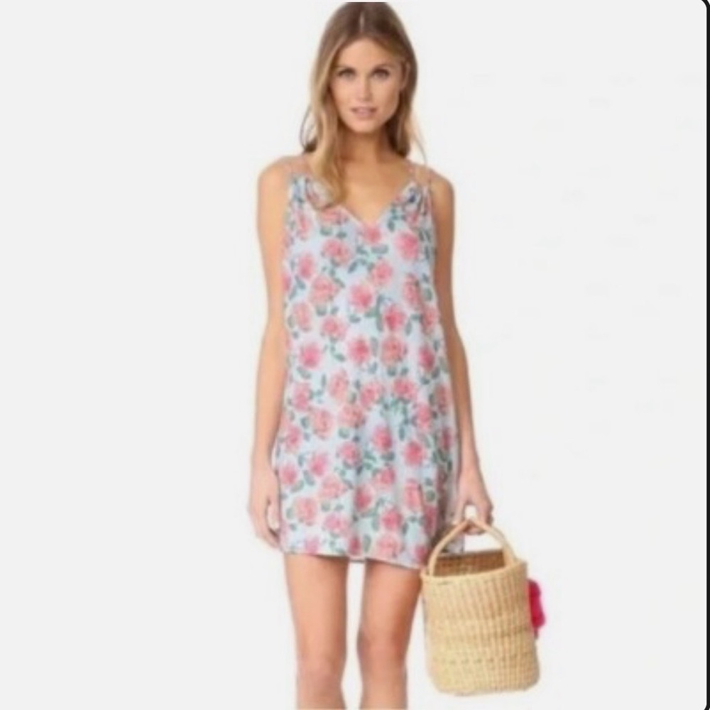 💋 🦊 Wildfox Swim Blue & Pink Floral Coverup lightweight beach summer Dress EUC